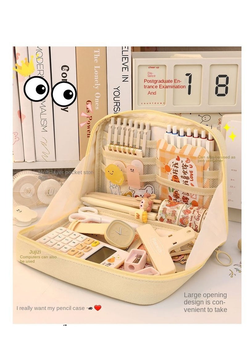 Y&D - Big Capacity Pencil Case Canvas High Large Storage Pouch Marker Pen Simple Stationery Bag School College Office Organizer For Teens Girls Adults Student-Beige Beige Unique - Image 1
