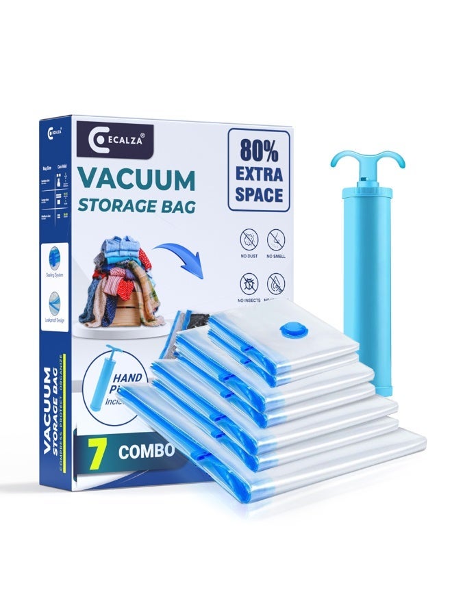 ECALZA Vacuum Storage Bags - Pack of 7 (1Jumbo/1 Large/2 Medium/2 Small/1 Pump) Re-usable Travel Compression Storage Bags For Clothes, Comforters & Blankets - Space Saver Bags with Hand Pump - Image 1