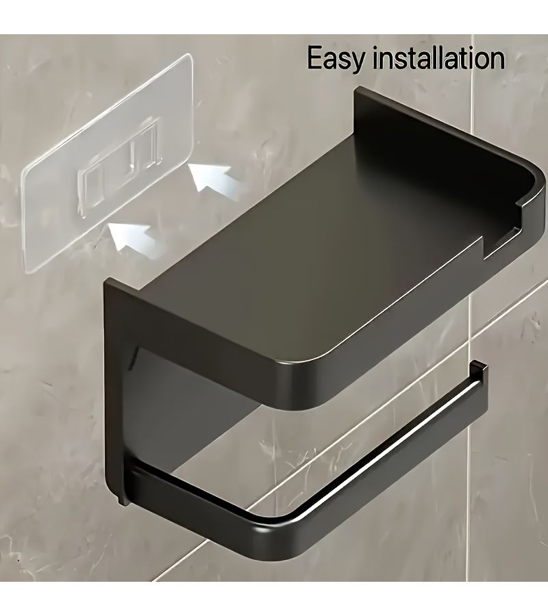 Black No Drill Wall Mounted Toilet Paper Holder With Phone Tray - Image 4