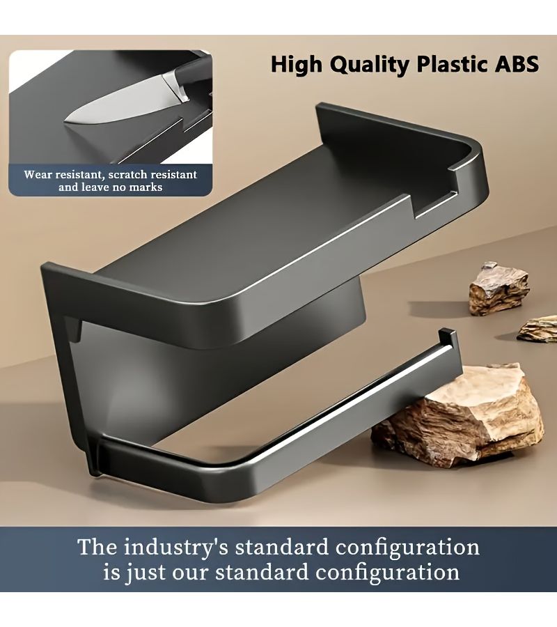 Black No Drill Wall Mounted Toilet Paper Holder With Phone Tray - Image 2