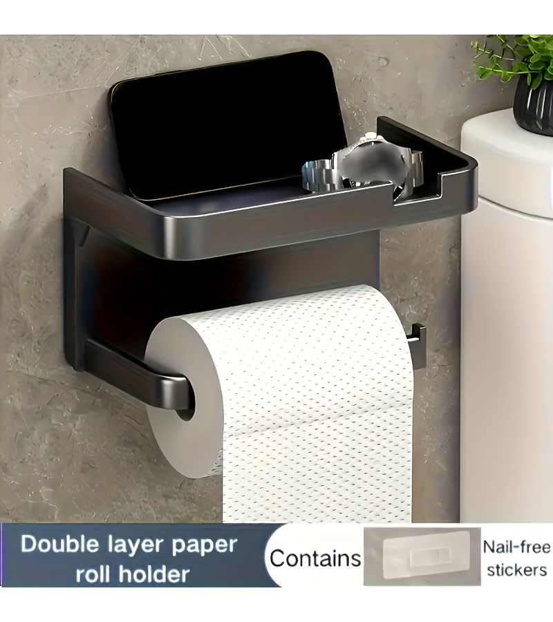 Black No Drill Wall Mounted Toilet Paper Holder With Phone Tray - Image 1