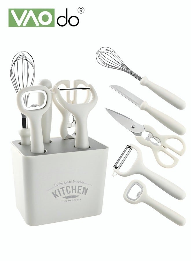 فاو دو مجموعة أدوات مطبخ 6 قطع مع حامل، مجموعة أدوات طهي مع مقشرة وفتاحة زجاجات ومقص وخفاقة، أدوات مطبخ خالية من مادة BPA، لون أبيض - Image 2
