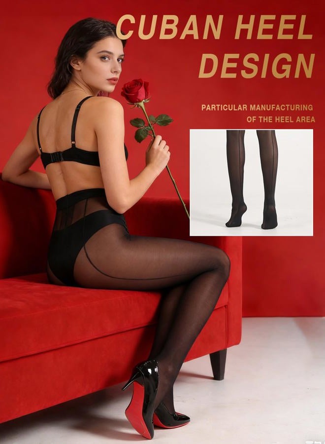 MERYLURE Backseam T-Crotch Black Tights for Women, 20D Sheer To Waist Pantyhose Patterned Cuban Heel Stockings 2 Pairs, Black, M - Image 5