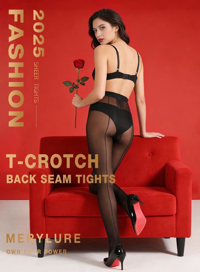 MERYLURE Backseam T-Crotch Black Tights for Women, 20D Sheer To Waist Pantyhose Patterned Cuban Heel Stockings 2 Pairs, Black, M - Image 2