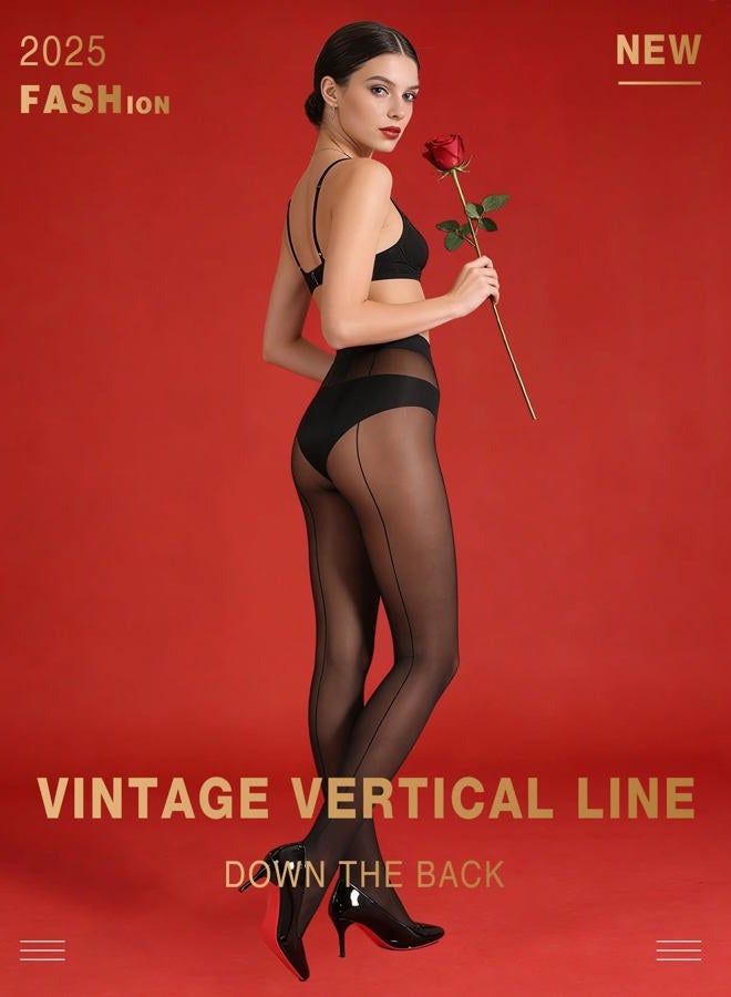 MERYLURE Backseam T-Crotch Black Tights for Women, 20D Sheer To Waist Pantyhose Patterned Cuban Heel Stockings 2 Pairs, Black, M - Image 3