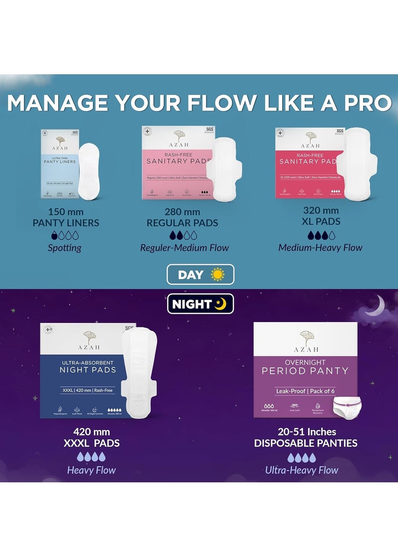 AZAH Sanitary Pads for Women (20 Reg + 20 XL) [Pack of 40] 100% Rash-Free sanitary napkins | 3x More Absorption, Cottony Soft and Dry Top Cover for heavy Flow | Toxin Free, Locks Odour, Leak-Proof