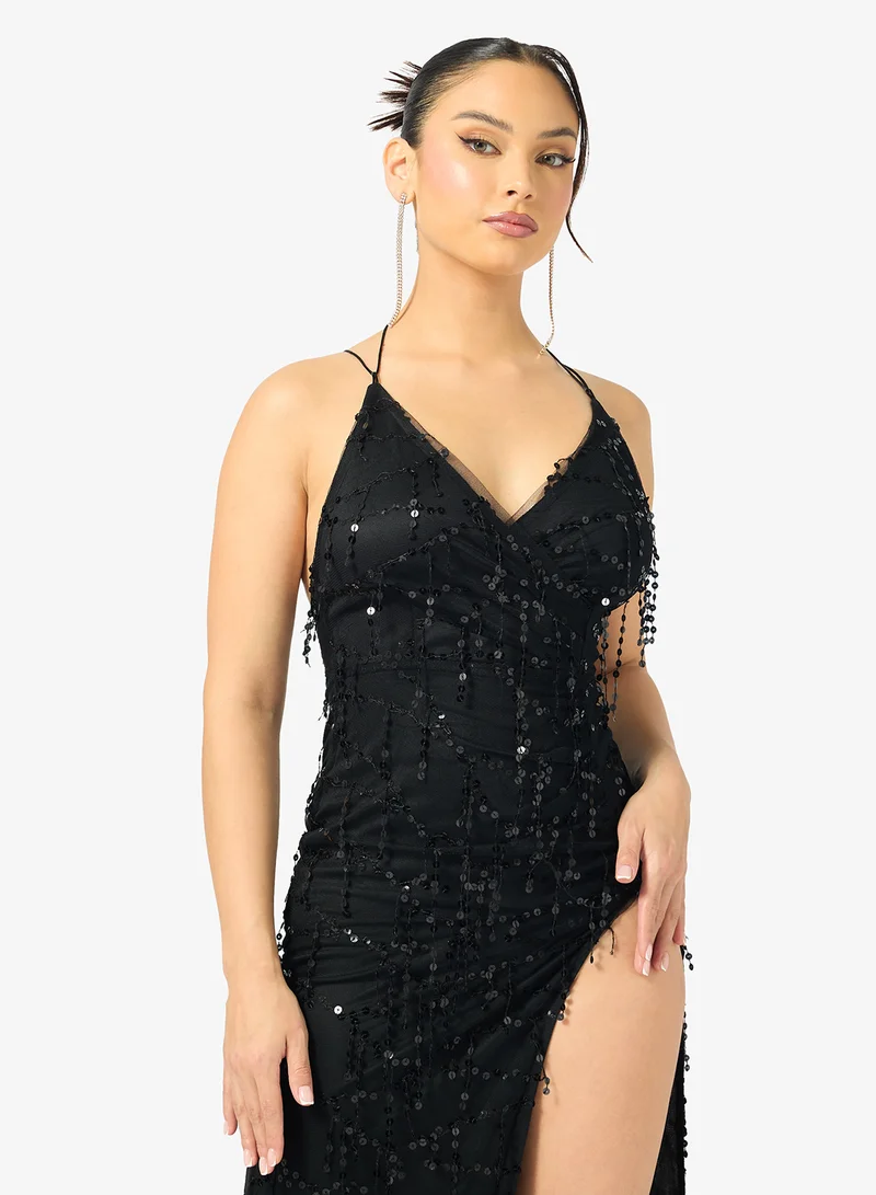 Ginger  Plunge Neck Sequin Embellished Dress with Slit for Women | Best Price UAE