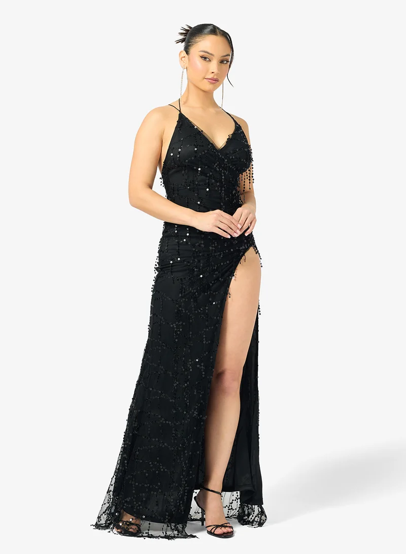 Ginger  Plunge Neck Sequin Embellished Dress with Slit for Women | Best Price UAE