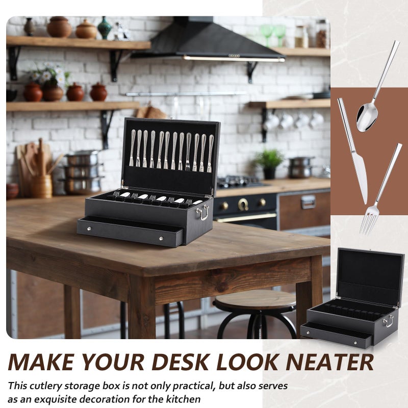 DoubleFill 2 Layer Leather Silverware Storage Box with Lid Drawer Handle, 15.3 x 11.2 Inch Silverware Chest Case with Felt Lined, Flatware and Utensils Organizer for Kitchen Gift, Without Flatware - Image 4
