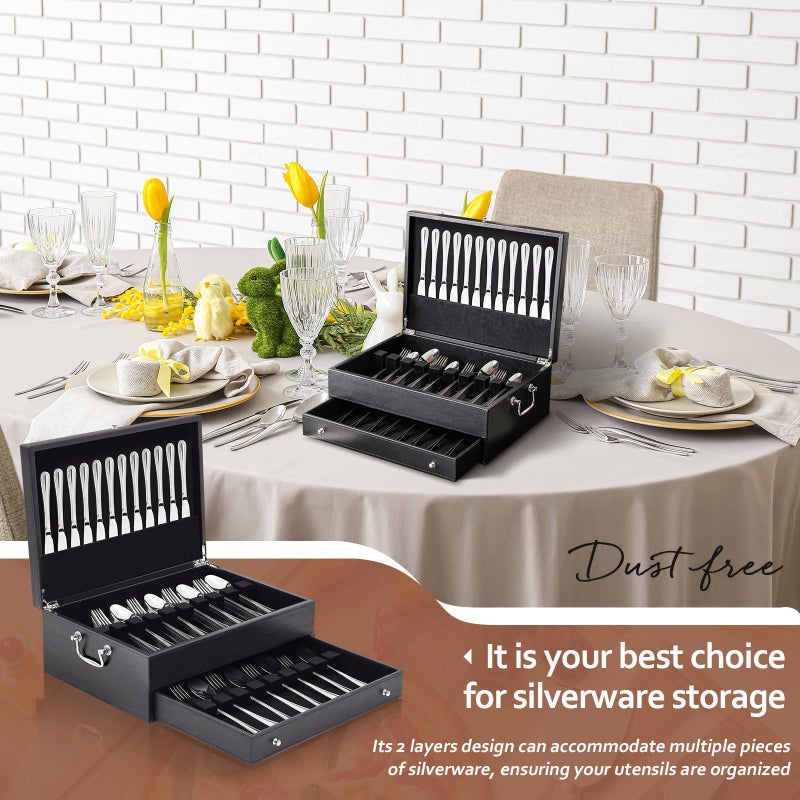 DoubleFill 2 Layer Leather Silverware Storage Box with Lid Drawer Handle, 15.3 x 11.2 Inch Silverware Chest Case with Felt Lined, Flatware and Utensils Organizer for Kitchen Gift, Without Flatware - Image 5