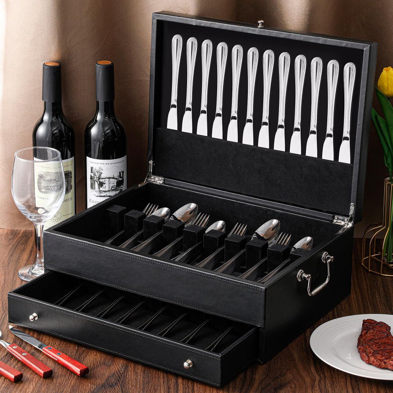 DoubleFill 2 Layer Leather Silverware Storage Box with Lid Drawer Handle, 15.3 x 11.2 Inch Silverware Chest Case with Felt Lined, Flatware and Utensils Organizer for Kitchen Gift, Without Flatware - Image 3