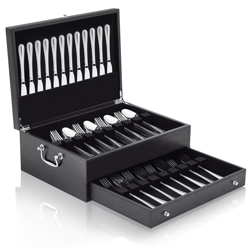 DoubleFill 2 Layer Leather Silverware Storage Box with Lid Drawer Handle, 15.3 x 11.2 Inch Silverware Chest Case with Felt Lined, Flatware and Utensils Organizer for Kitchen Gift, Without Flatware - Image 1