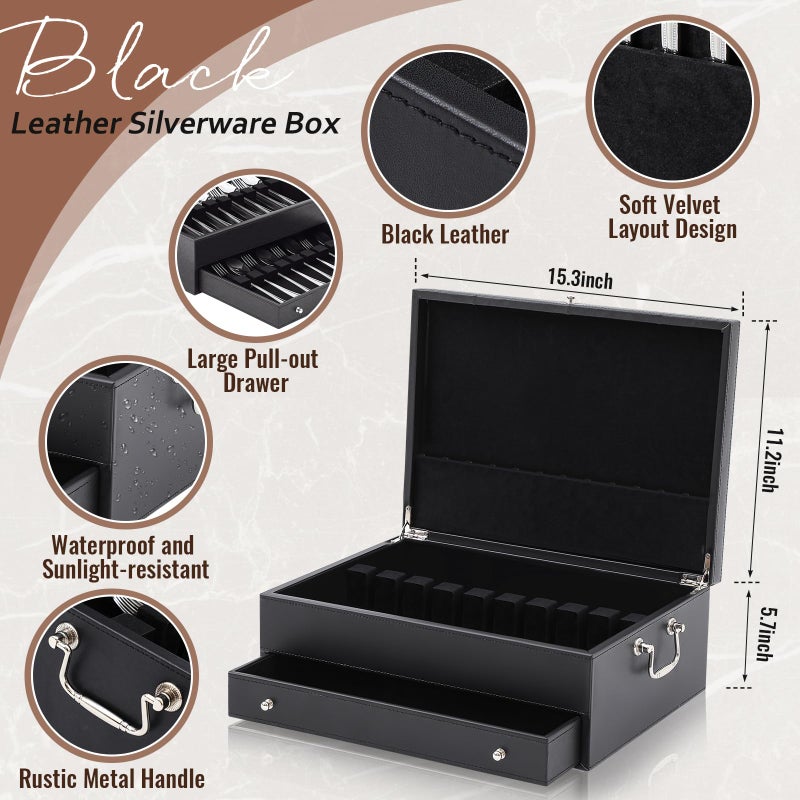 DoubleFill 2 Layer Leather Silverware Storage Box with Lid Drawer Handle, 15.3 x 11.2 Inch Silverware Chest Case with Felt Lined, Flatware and Utensils Organizer for Kitchen Gift, Without Flatware - Image 2