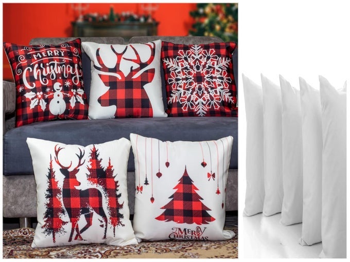 MERRY CHRISTMAS DECORATIVE PRINTED SATIN CUSHIONTHROWPILLOW COVERS MULTICOLOUR SET OF 5 PIECES 16X16 INCHES WITH FILLERS PINE