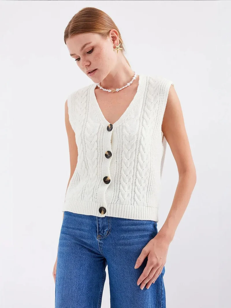 BIG DART BDART Textured V-Neck Crop Waistcoat with Button Closure