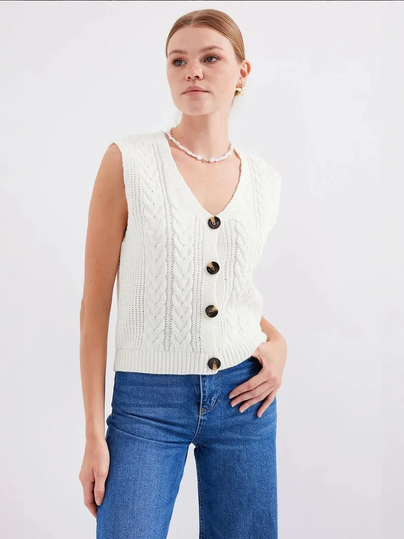BIG DART BDART Textured V-Neck Crop Waistcoat with Button Closure