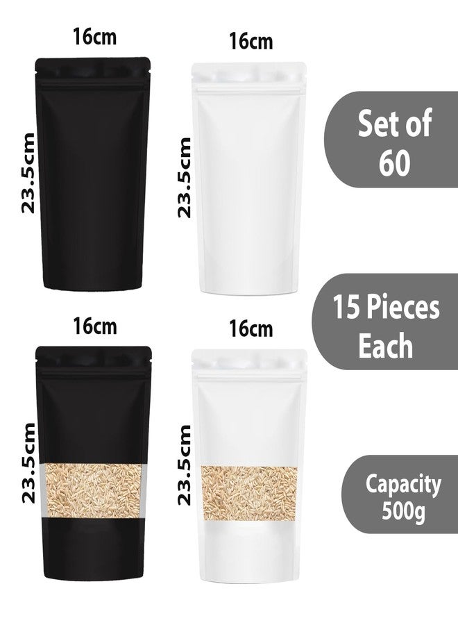 SKY FLEXI PACK Polyester Zip Lock Stand Up Pouches | White & Black Mix (With & Without Window) | 16 × 23.5 cm, 500g Capacity | Pack of 60 | Reusable Airtight Food Storage Bags - Image 3