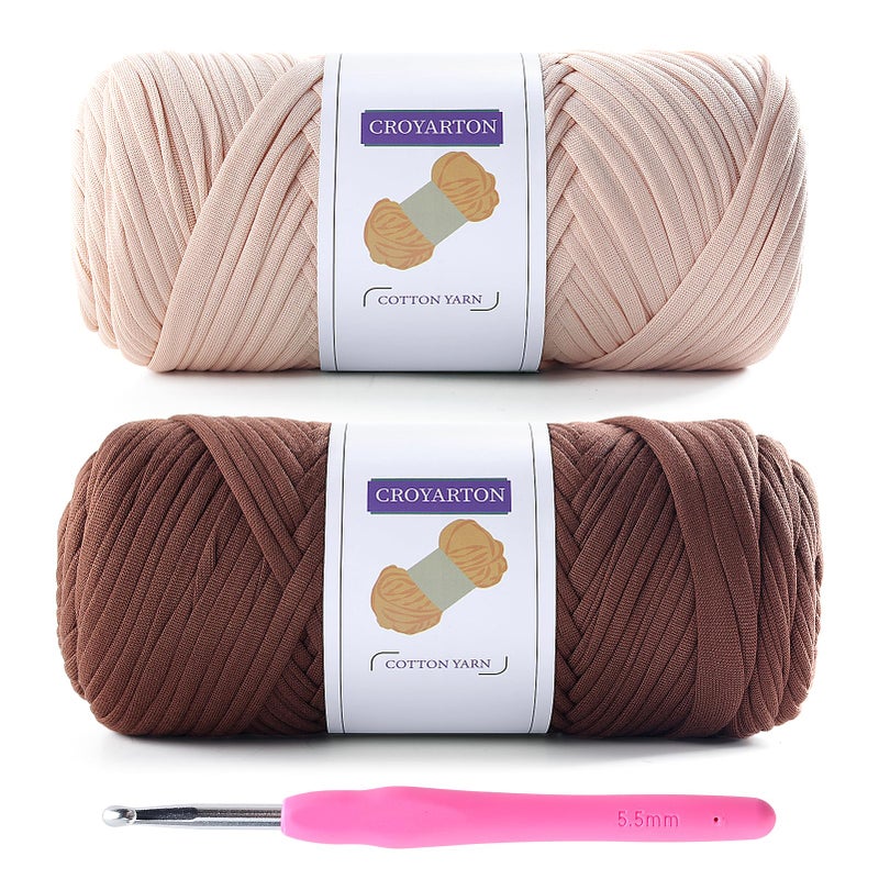 NDICANG 2 Pack T Shirt Yarn for Crocheting with 1 Crochet Hook, Elastic Tshirt Yarn for Crochet Bag/Baskets/Home Decor, Spaghetti Yarn Thick Knitting Yarn Total Length 130 Yds (Beige+Coffee Color) - Image 1