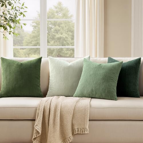EMEMA Spring Green Decorative Throw Pillow Covers for Couch Bed Livingroom 18x18 Inch Set of 4 Boho Farmhouse Corduroy Striped Square Pillow Case,Western Modern Cushion Covers Home Decor - Image 4