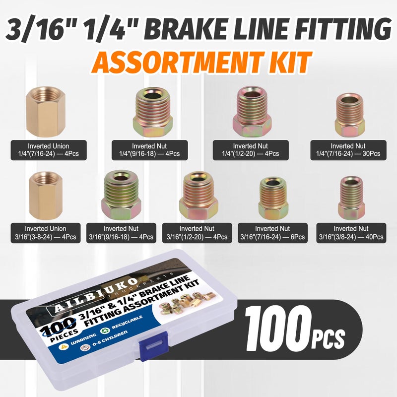 Ailbiuko 100Pcs 3/16" & 1/4" Brake Line Fittings Assortment Kit,3/8 Inch-24 Threads,7/16 Inch-24 Thread Nuts and Unions,1/2 Inch-20 Thread,9/16 Inch-18 Thread Nut - Image 2