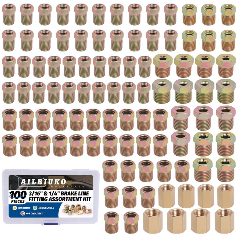 Ailbiuko 100Pcs 3/16" & 1/4" Brake Line Fittings Assortment Kit,3/8 Inch-24 Threads,7/16 Inch-24 Thread Nuts and Unions,1/2 Inch-20 Thread,9/16 Inch-18 Thread Nut - Image 1