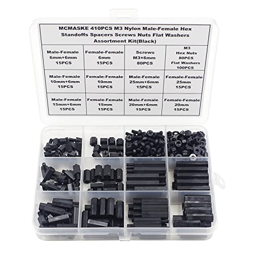 MCMASKE 410PCS M3 Nylon Male-Female Hex Standoffs Spacers Screws Nuts Flat Washers Assortment Kit (Black) - Image 1
