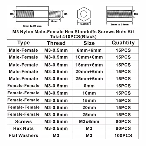 MCMASKE 410PCS M3 Nylon Male-Female Hex Standoffs Spacers Screws Nuts Flat Washers Assortment Kit (Black) - Image 3