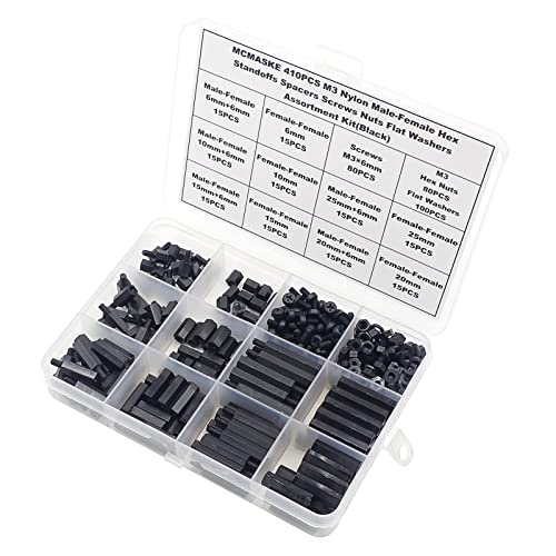 MCMASKE 410PCS M3 Nylon Male-Female Hex Standoffs Spacers Screws Nuts Flat Washers Assortment Kit (Black) - Image 4