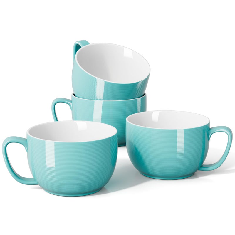Teocera 24 oz Soup Bowls with Handles Porcelain Large Coffee Mug Set Jumbo Mugs Soup Bowls Mugs set of 4 for Coffee Oatmeal Stew  Striped Design Turquoise