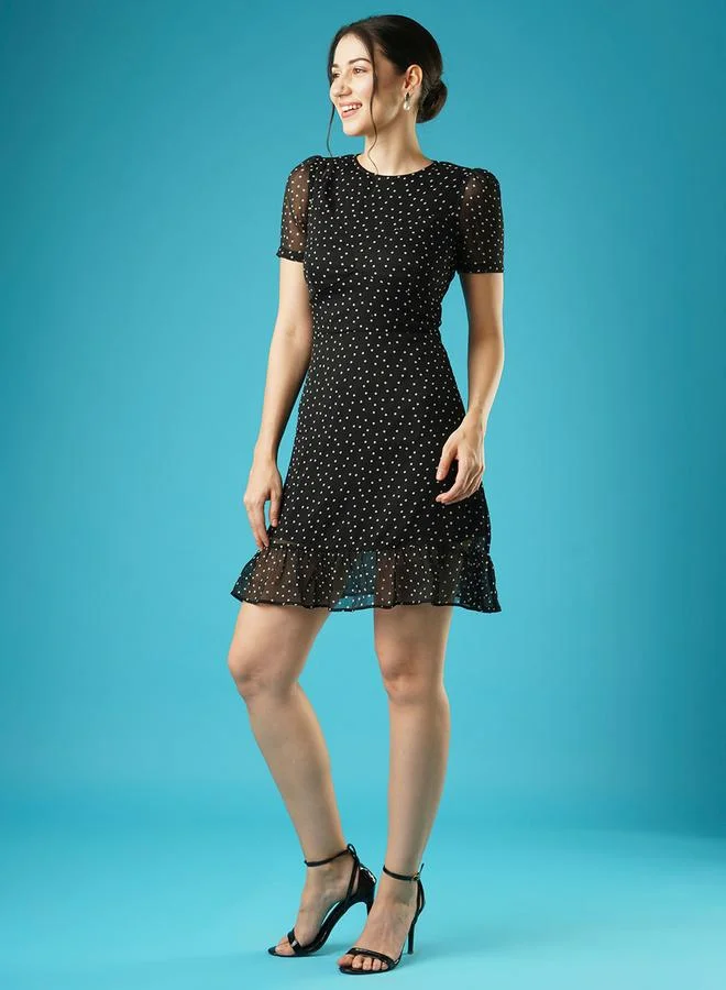 globus Black Polka Dots Print Round Neck Mini Dress