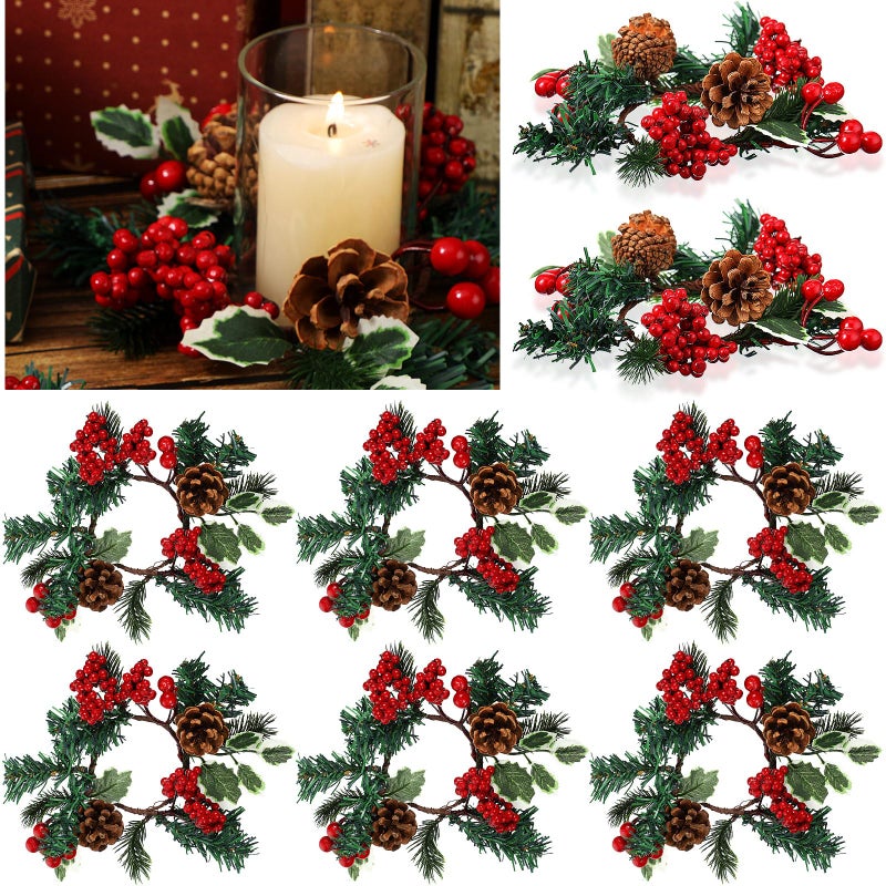 Yilloog 8 Sets Christmas Candle Rings Wreaths Berry Pinecone Red Poinsettia Candle Wreaths Rings Mini Candleholders Xmas Wreath Holder for Christmas CenterpieceCute