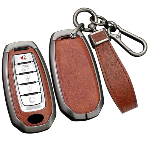 ontto Car Key Case Fit for Infiniti 2023 2024 Metal Key Skin Leather Key Protector for Q50 Q50L Q60 QX50 QX55 QX60 2019up Key FobSmart Remote Key Fob Skin Protector Brown