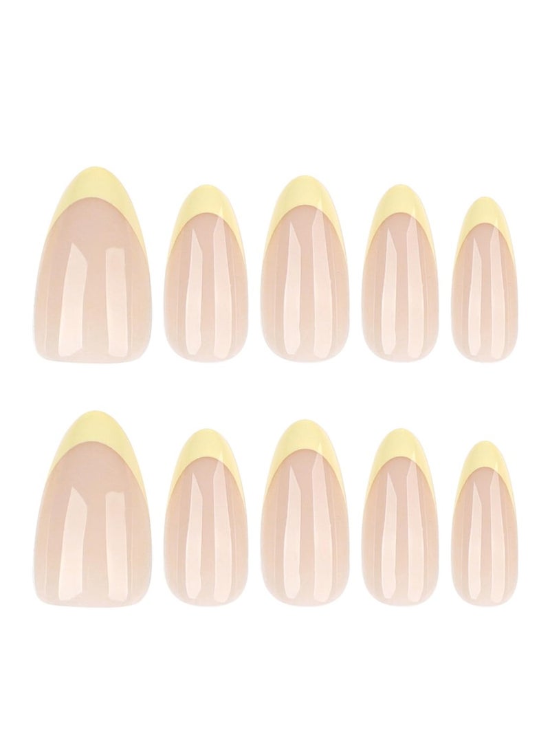 KHAJUL 24Pcs Yellow French Tip Press on Nails Short Almond,French Nails Press ons with Design Full Cover Glue on Nail Stick on Nails for Women Manicure,Reusable ,Artificial , Nail Sticky Tabs , Easy Apply - Image 2