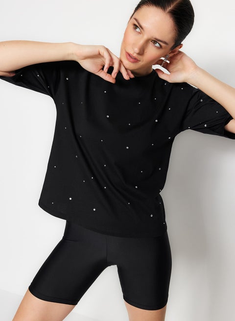 Black Stone Detailed Relaxed/Wide Relaxed Cut Crew Neck Knitted T-Shirt TWOSS23TS00153