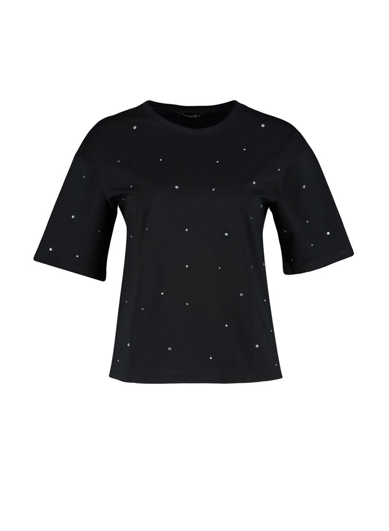 trendyol Black Stone Detailed Relaxed/Wide Relaxed Cut Crew Neck Knitted T-Shirt TWOSS23TS00153 - Image 5
