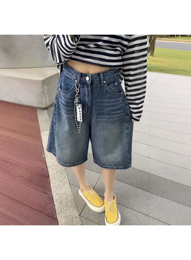 Plus Size American Denim Shorts Women's Summer Arrival Girl Slimming Pear-Shaped Body Loose Cropped Wide-Leg Pants 