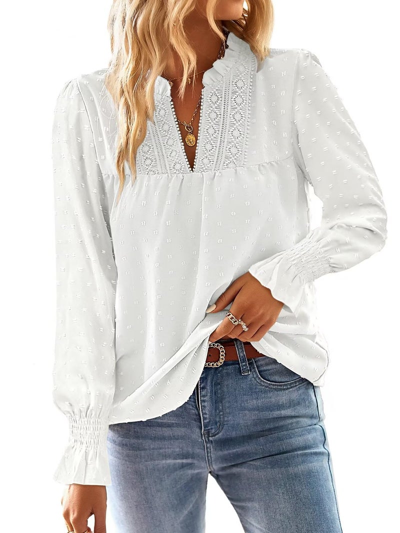 Falechay Womens Fall Tops Ruffle Sleeve V Neck Blouses for Women Dressy Casual Flowy Business Long Sleeve Shirts Spring Crochet Lace Edges White L - Image 1