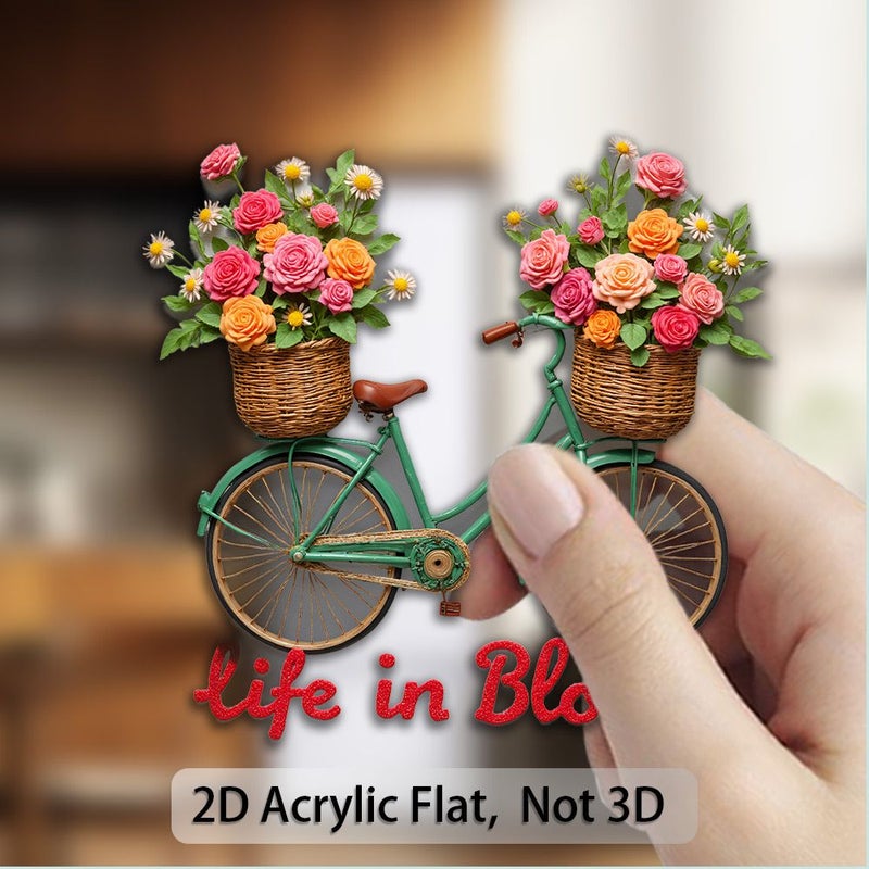 A 2D Magnetic Plane Made Of Acrylic And Rubber With A Vintage Bicycle Cross Stitch Design Colorful Floral Woven Basket And Life In Bloom Phrase For Craft Enthusiasts Model A - Image 1