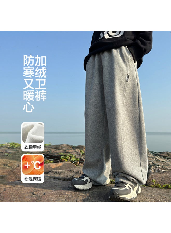 Boys' Winter Korean-style Gray Fleece-lined Sports Sweatpants  New Children's Autumn And Winter Thickened Wide-leg Pants