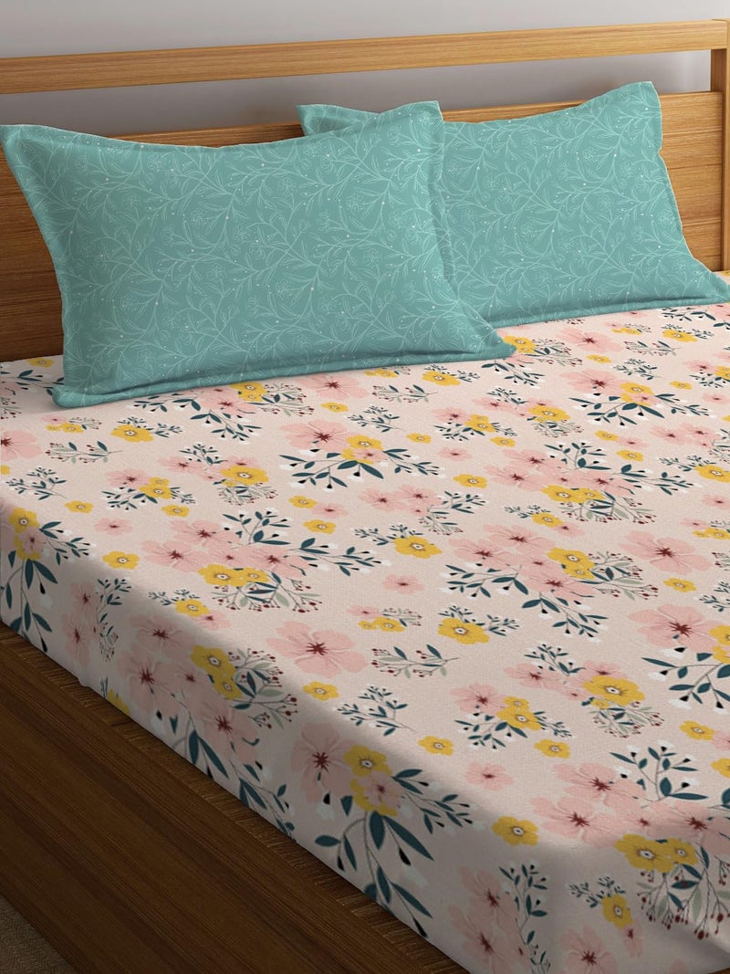 LOOMLYFE 300 TC Microfiber XXL Soft Cotton Super King Size Bedsheet for Double Bed, King Size 108 Inches X 108 Inches, 9 Feet, 275 X 275 cm with 2 Large Size Pillow Covers - PeachYellowFlowers - Image 2