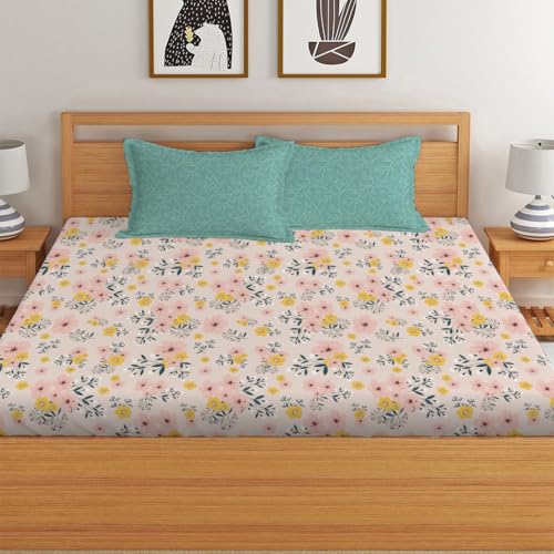 LOOMLYFE 300 TC Microfiber XXL Soft Cotton Super King Size Bedsheet for Double Bed, King Size 108 Inches X 108 Inches, 9 Feet, 275 X 275 cm with 2 Large Size Pillow Covers - PeachYellowFlowers - Image 3