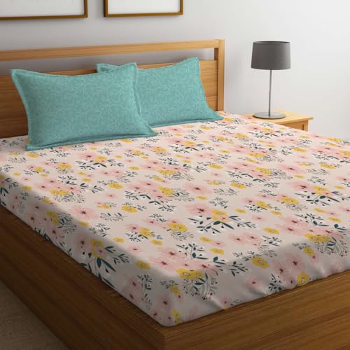 LOOMLYFE 300 TC Microfiber XXL Soft Cotton Super King Size Bedsheet for Double Bed, King Size 108 Inches X 108 Inches, 9 Feet, 275 X 275 cm with 2 Large Size Pillow Covers - PeachYellowFlowers - Image 1
