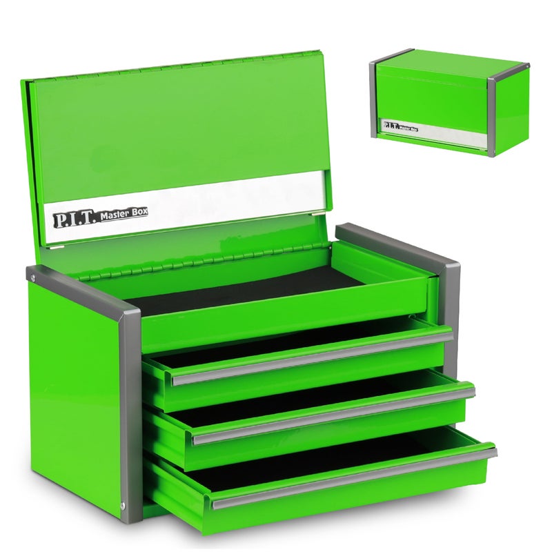 PIT P.I.T. Mini Green Tool Box, Portable 3 Drawer Steel Stackable Tool Box with Magnetic Tab Locking, Green Micro Top Chest with Liner for Tools Storage and Organizers, Home DIY - Image 1