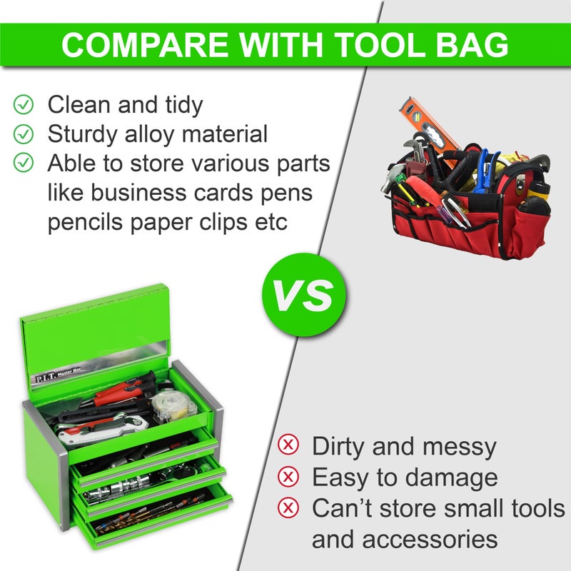 PIT P.I.T. Mini Green Tool Box, Portable 3 Drawer Steel Stackable Tool Box with Magnetic Tab Locking, Green Micro Top Chest with Liner for Tools Storage and Organizers, Home DIY - Image 4