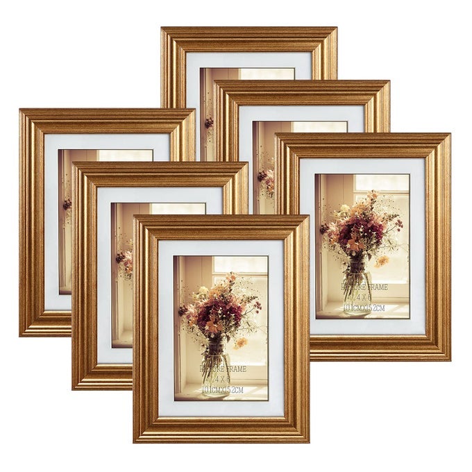 4X6 PICTURE FRAMES GOLD 6 PACK DISPLAY PICTURES 4X6 WITH MAT OR 5X7 WITHOUT MAT PHOTO FRAMES FOR WALL MOUNT OR TABLE TOP