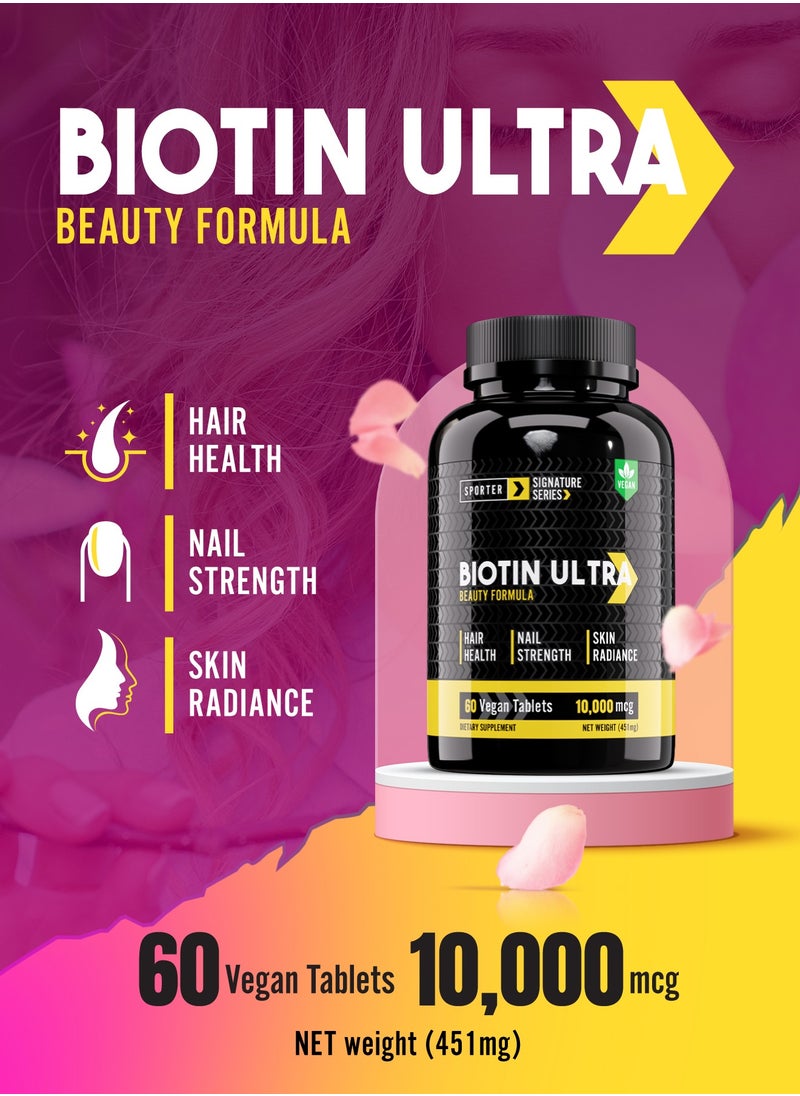 SPORTER - Sporter Biotin Ultra – 60 Vegan Tablets | 10,000mcg High-Potency Biotin | Supports Hair Growth, Skin Radiance & Nail Strength | Beauty from Within | Plant-Based Formula - Image 1