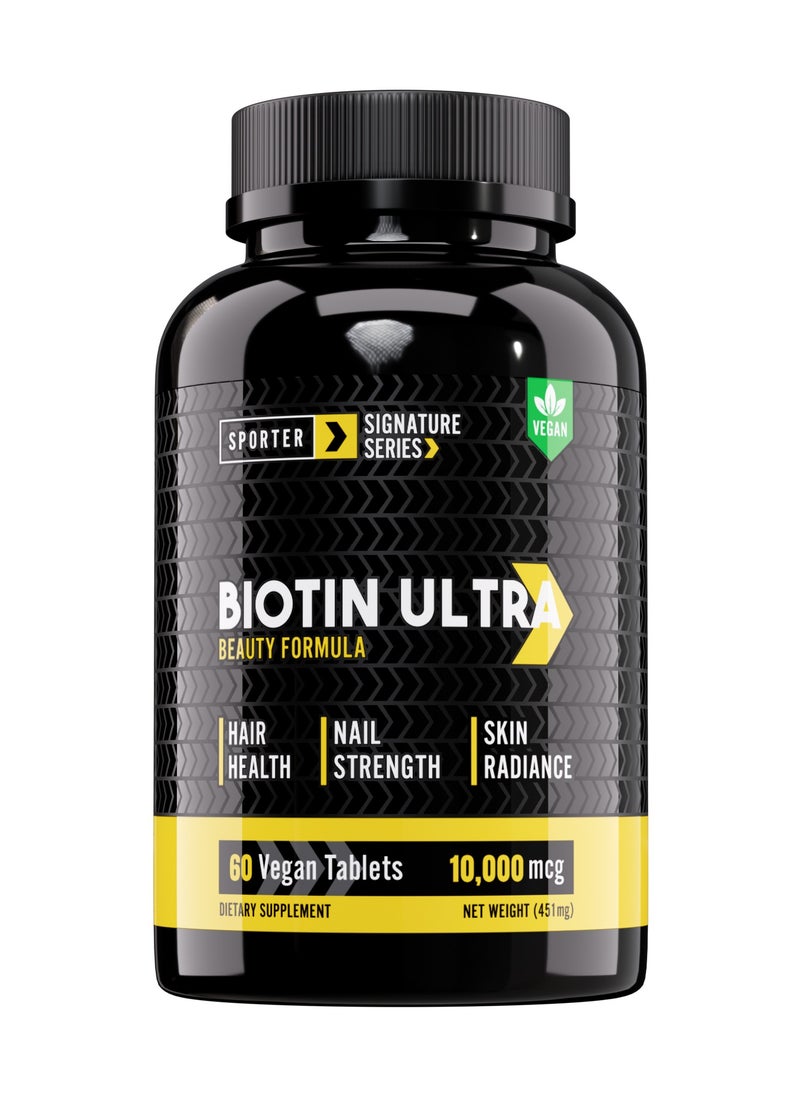 SPORTER - Sporter Biotin Ultra – 60 Vegan Tablets | 10,000mcg High-Potency Biotin | Supports Hair Growth, Skin Radiance & Nail Strength | Beauty from Within | Plant-Based Formula - Image 1