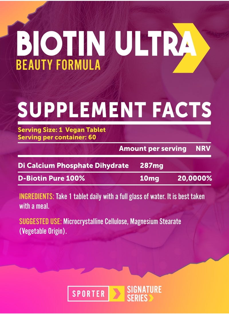 SPORTER - Sporter Biotin Ultra – 60 Vegan Tablets | 10,000mcg High-Potency Biotin | Supports Hair Growth, Skin Radiance & Nail Strength | Beauty from Within | Plant-Based Formula - Image 1