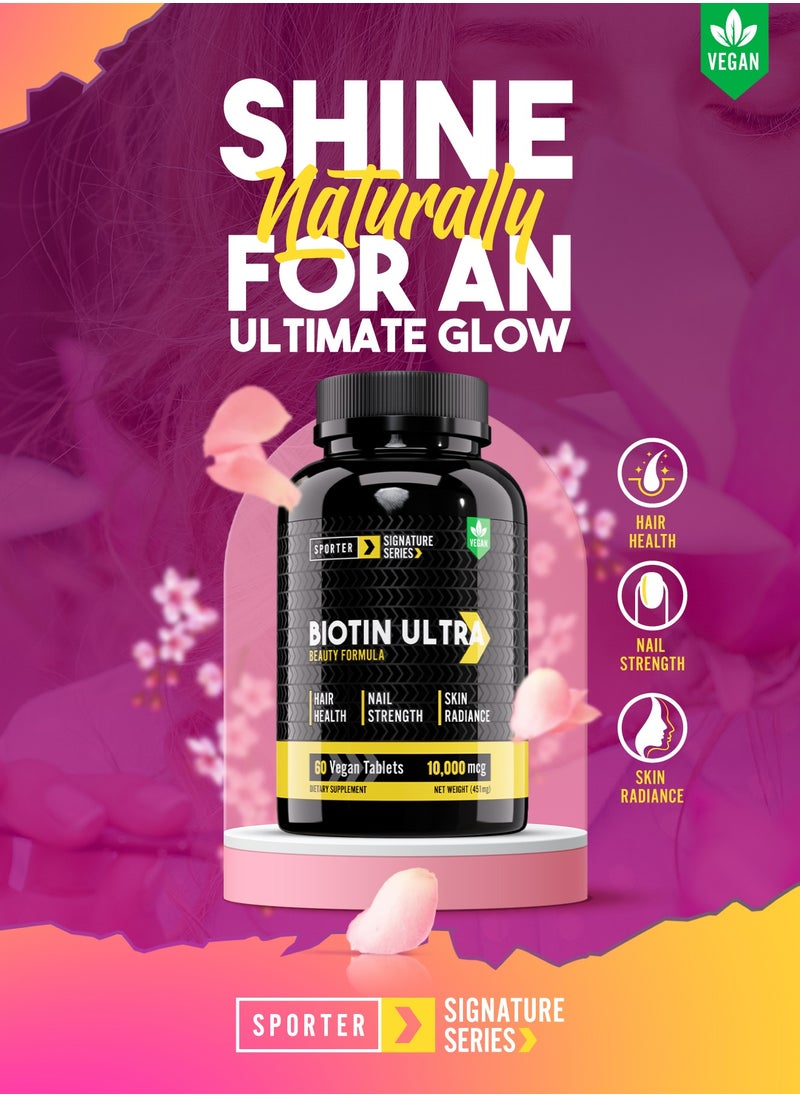 SPORTER - Sporter Biotin Ultra – 60 Vegan Tablets | 10,000mcg High-Potency Biotin | Supports Hair Growth, Skin Radiance & Nail Strength | Beauty from Within | Plant-Based Formula - Image 1