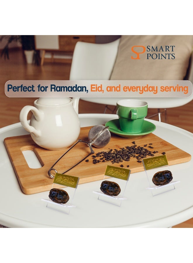 "سمارت بوينتس  " حامل تمر بكتابة بسم الله – طقم 6 قطع  | ديكور مائدة أنيق بالأكريليك الشفاف والذهبي لشهر رمضان والأعياد | آمن للطعام وقابل لإعادة الاستخدام بحجم 9×5 سم | مثالي للإفطار والسحور وتقديم الضيافة - Image 5